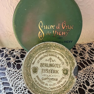 Latas de doces franceses vintage/recipientes antigos de Sucre d’Orge de Vichy e Berlingots Eysseric