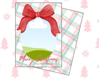 May include: A Christmas card with a red bow and a green and white plaid background. The card says "Merry Christmas" and "The Peet Family".