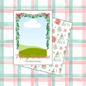 Garland & Bows Christmas Photo Card, Garland Framed Photo Card, Grandmillennial Christmas Card, Watercolor Christmas Card, Canva Template