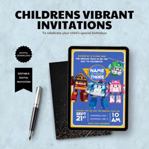 Invitación de cumpleaños editable de Robocar Poli: invitación digital vibrante para fiesta infantil, personalizable e imprimible para el día especial del niño