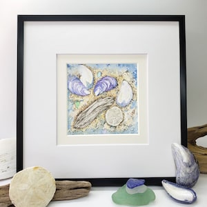 Maine Driftwood, Mussel Shells and Sea Glass watercolor original painting, 4&quot;x4&quot; Artwork,8&quot;x8&quot; frame