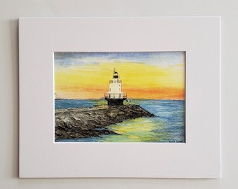 Spring Point Ledge Light at Sunrise Watercolor Art Print, (3 print sizes available)