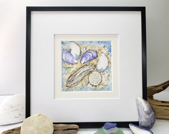 Maine Driftwood, Mussel Shells and Sea Glass watercolor original painting, 4"x4" Artwork,8"x8" frame
