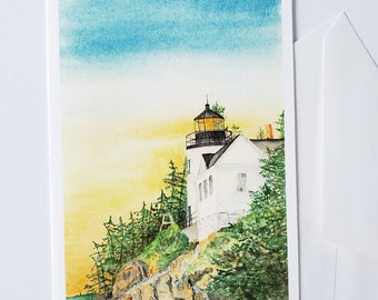 Sunrise at Bass Harbor Light watercolor printed Note Card & envelope, Maine Lighthouse (2 sizes available)