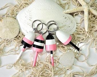 Lobster Buoy keychains, favors, pink, black and white, set of 4