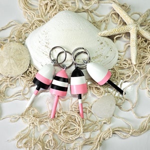Lobster Buoy keychains, favors, pink, black and white, set of 4 image 1
