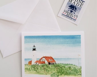 Portland Head Light Summer watercolor printed Note Card & envelope