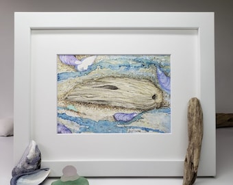 Maine Driftwood, Mussel Shells and Sea Glass watercolor original painting