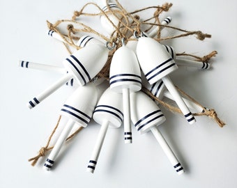 Lobster Buoy Christmas Ornaments, white with navy stripes, set of 12