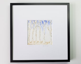 Birch Trees watercolor original painting, 4"x4" Artwork, 8"x8" frame