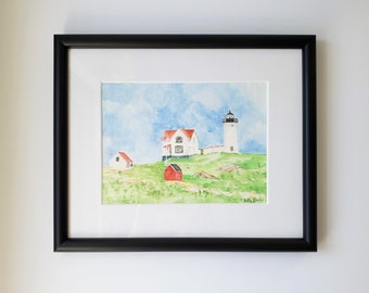 Nubble Lighthouse, York Maine, framed watercolor original Artwork