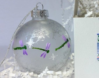 Purple Dragonfly Christmas ornament, hand painted on frosted glass