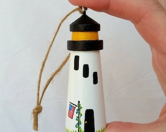 Lighthouse Christmas Ornament with American Flag,  2-3/4" tall