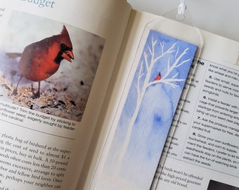 Cardinal Birch Tree Bookmark, watercolor original Artwork