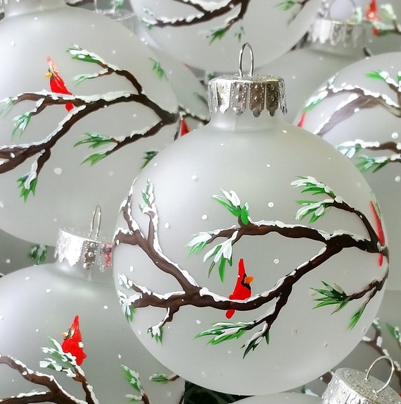 How to recycle: recycled christmas ball ornaments Cardinals on Branches Christmas Ornament hand painted on | Etsy