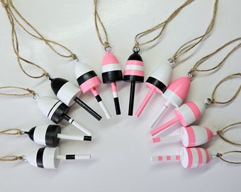 Lobster Buoy Christmas Ornaments, pink, black and white, set of 12