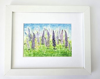 Lupines watercolor original Artwork, matted and framed