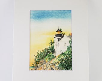 Sunrise at Bass Harbor Light watercolor Fine Art Print, Maine Lighthouse (3 print sizes available)