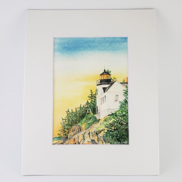 Sunrise at Bass Harbor Light watercolor Fine Art Print, Maine Lighthouse (3 print sizes available)