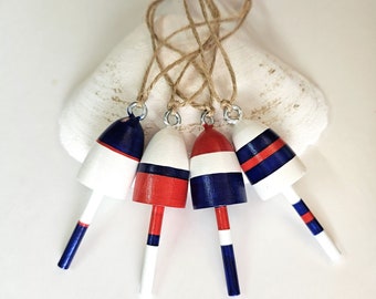 Lobster Buoy wedding party favors, Christmas Ornaments, navy, red, white, set of 4