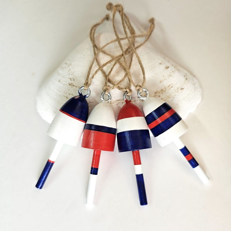 Lobster Buoy wedding party favors, Christmas Ornaments, navy, red, white, set of 4 image 1