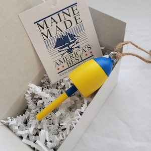 Miniature Maine Lobster Buoy Christmas ornament, blue-yellow,  3&quot; tall