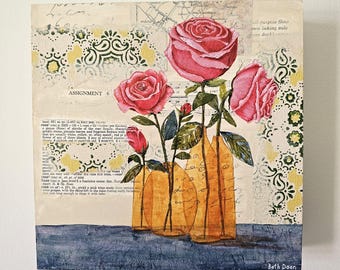 Roses in Vases Mixed Media Painting – Wood Panel Art