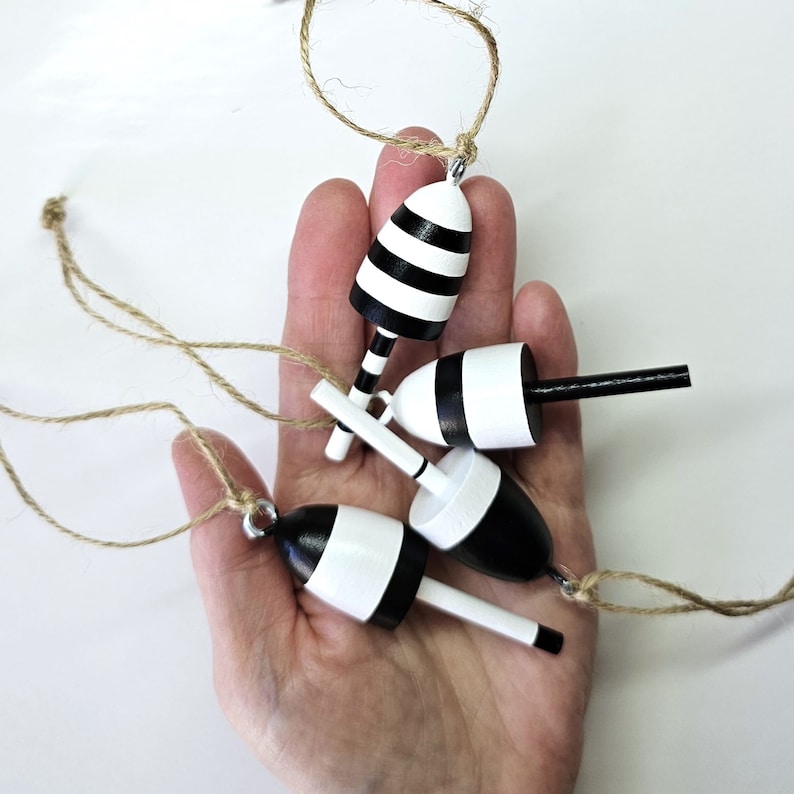 Lobster Buoy favor Christmas Ornaments, black and white, set of 4 image 1