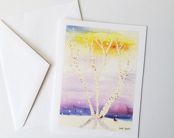 Cardinals at Birch Grove watercolor printed Note Card & envelope