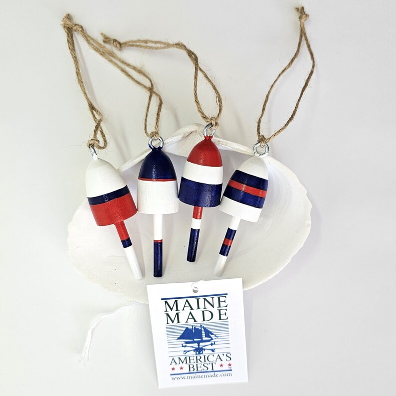 Lobster Buoy wedding party favors, Christmas Ornaments, navy, red, white, set of 4 image 4