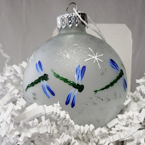 Blue Dragonfly Christmas Ornament, hand painted on frosted glass ornament