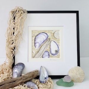 Mussel Shells, Driftwood, Sand dollar and Sea Glass watercolor original painting