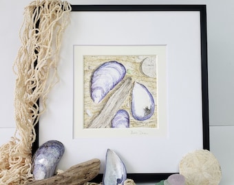 Mussel Shells, Driftwood, Sand dollar and Sea Glass watercolor original painting