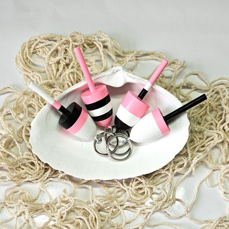 Lobster Buoy keychains, favors, pink, black and white, set of 4 image 3