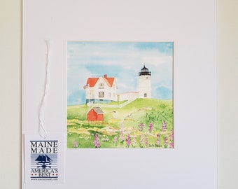 Nubble Lighthouse Watercolor Art Print: York Maine Coastal Scene