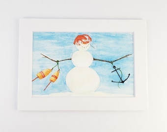 Lobster on Snowman Head watercolor Fine Art Print (2 print sizes available)