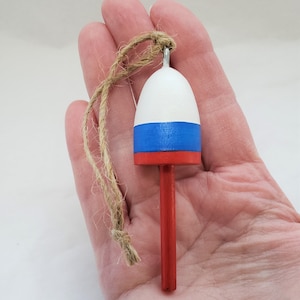 Miniature Maine Lobster Buoy, Christmas ornament, nautical coastal gift decoration, white-blue-red,  3&quot; tall