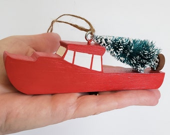 Lobster boat wooden Christmas ornament, with tree, hand painted