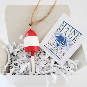Christmas Ornament, Maine Lobster Buoy,  nautical coastal gift decoration, red-white,  3&quot; tall