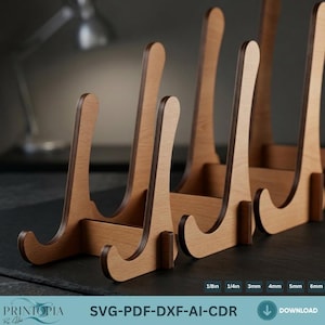 May include: A collection of wooden display stands in various sizes. The stands are light brown with a darker brown edge, and feature a curved design. The image includes text indicating sizes in inches and millimeters, and the text "SVG-PDF-DXF-AI-CDR".