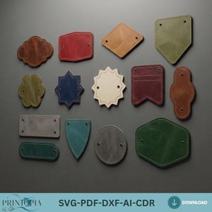 May include: A collection of various leather patches in different shapes and colors, including brown, red, blue, and green. Each patch has a unique design and is shown on a gray background. The text "SVG-PDF-DXF-AI-CDR" is at the bottom.