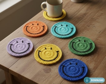 Smiling Coaster Crochet Pattern PDF - Easy Digital Download for Handmade Drink Mats, Beginner-Friendly Happy Face Coaster DIY Craft