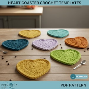 May include: A collection of heart-shaped crochet coasters in various colors, including yellow, teal, purple, orange, and green, arranged on a wooden surface. The image includes the text "HEART COASTER CROCHET TEMPLATES" and "PDF PATTERN".
