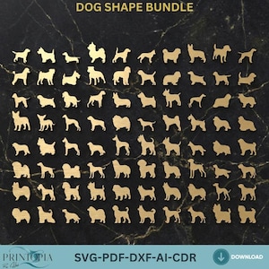 Puede incluir: Una colección de recortes dorados con forma de perro en varias razas y poses. La imagen incluye el texto "DOG SHAPE BUNDLE" en la parte superior y "SVG-PDF-DXF-AI-CDR" en la parte inferior. Los recortes están dispuestos sobre un fondo oscuro y texturizado.