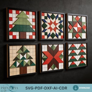 May include: Six framed wooden mosaic art pieces. Each piece features a geometric design, including Christmas trees and starburst patterns, in shades of green, red, white, and brown. The frames are black. The bottom of the image has the text "PRINTTOPIA" and "SVG-PDF-DXF-AI-CDR".