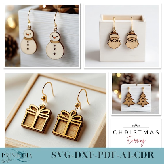 Laser Cut Earring Design Bundle - Christmas Collection: Snowman, Tree, Santa, Gift  003