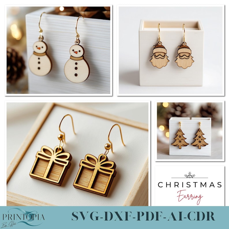 May include: Four pairs of wooden Christmas earrings. The earrings are in the shape of a snowman, Santa Claus, a gift box, and a Christmas tree. The earrings are all on a white background.