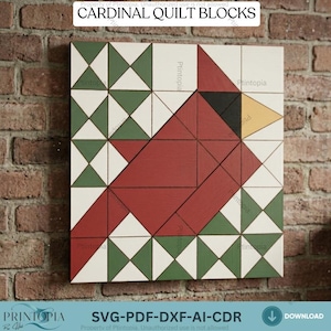 May include: A square wooden wall art piece featuring a geometric design of a cardinal bird. The artwork uses red, green, white, black, and yellow colors. The text "CARDINAL QUILT BLOCKS" is at the top. The bottom has the text "SVG-PDF-DXF-AI-CDR".