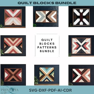 Op de afbeelding: Een digitaal downloadpakket met 6 quiltblokpatronen. De patronen zijn geometrisch en hebben een verscheidenheid aan kleuren, waaronder rood, blauw, bruin en wit. De tekst "QUILT BLOCKS PATTERNS BUNDLE" wordt in het midden van de afbeelding weergegeven. De tekst "SVG-DXF-PDF-AI-CDR" wordt onderaan de afbeelding weergegeven.