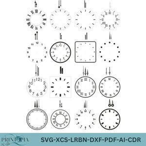 May include: A collection of clock faces in various styles, including round, square, and with Roman numerals. The image features clock hands and the text "SVG-XCS-LRBN-DXF-PDF-AI-CDR".